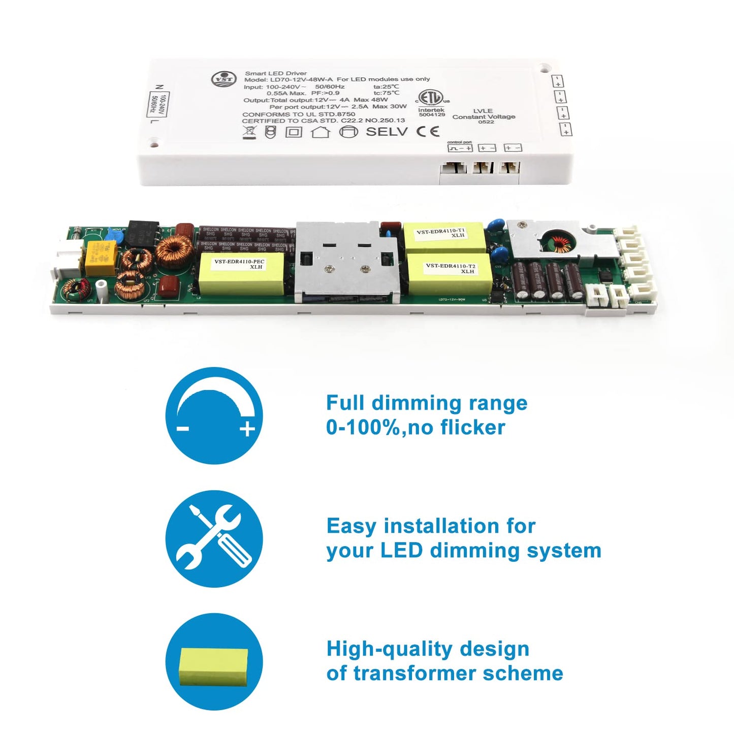 LD70-12V-48W-A Power Supply Constant Voltage LED Power Supply JST Connector Port ETL-Certified, LED Driver for LED Strip Lights