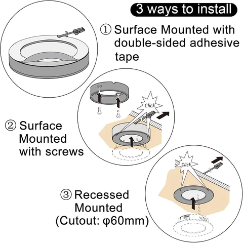 VST PL05 Under Cabinet Puck Lighting Kit with Wireless Dimmer Switch, Recessed or Surface Mount for Kitchen, Cabinet, Closet 6 Pack Black