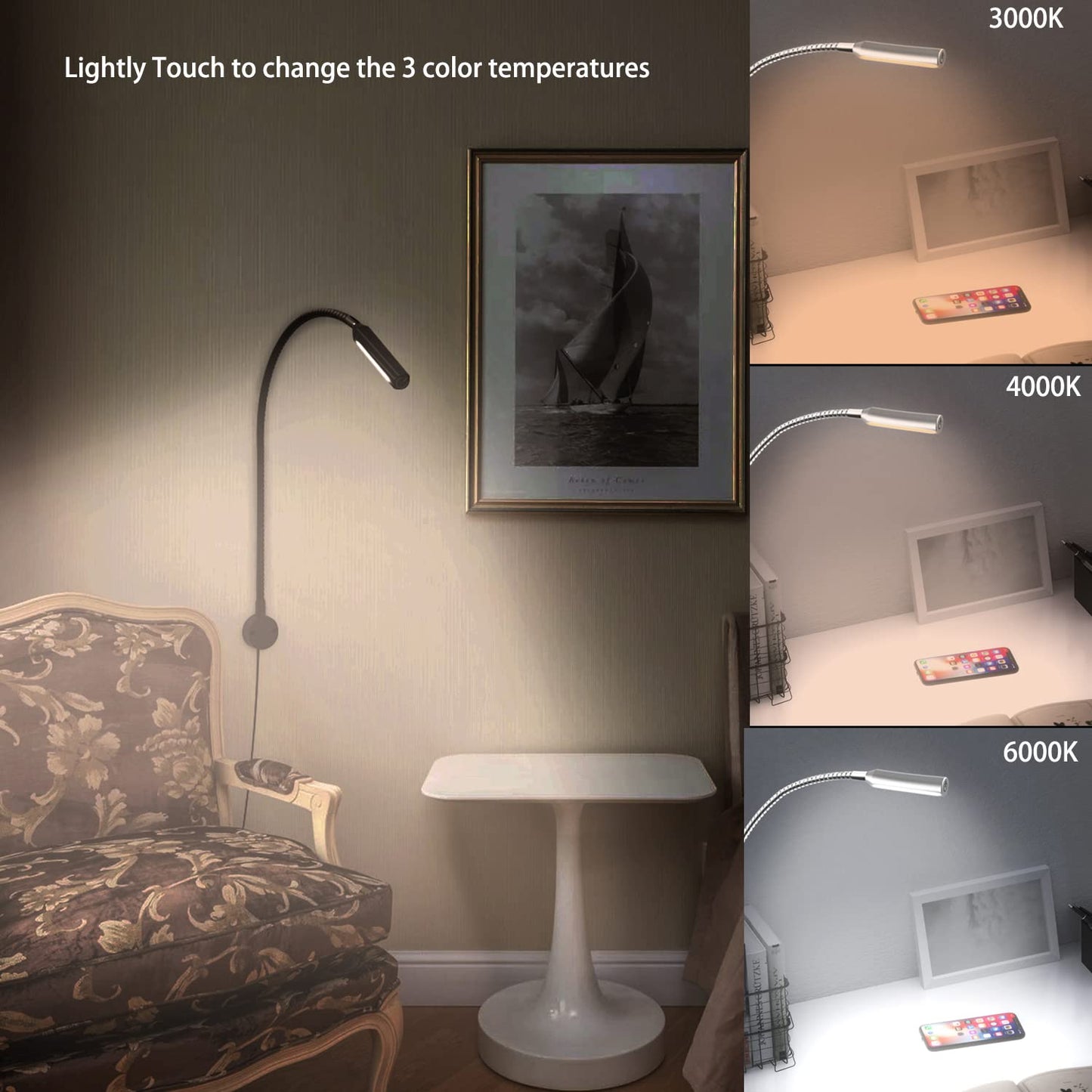 RL18 Book Reading Light for Bed, Headboard Wall Lamp, Reading Lamp Touch to Adjust Color Temperature and Brightness with USB Charging Port, ETL-Listed
