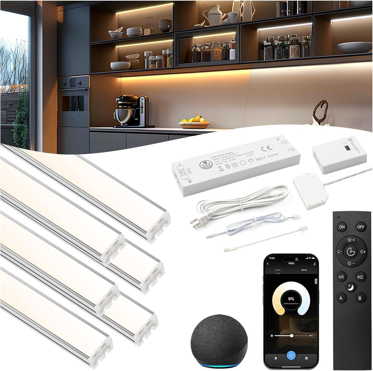 APE2 Smart Under Cabinet Lighting, UL Listed CRI 93+ CCT COB Strip Lights Alexa & Google Compatible APP Remote, Handwave and Voice Control Under Counter Lights for Kitchen Cabinet Closets (6 Bars)
