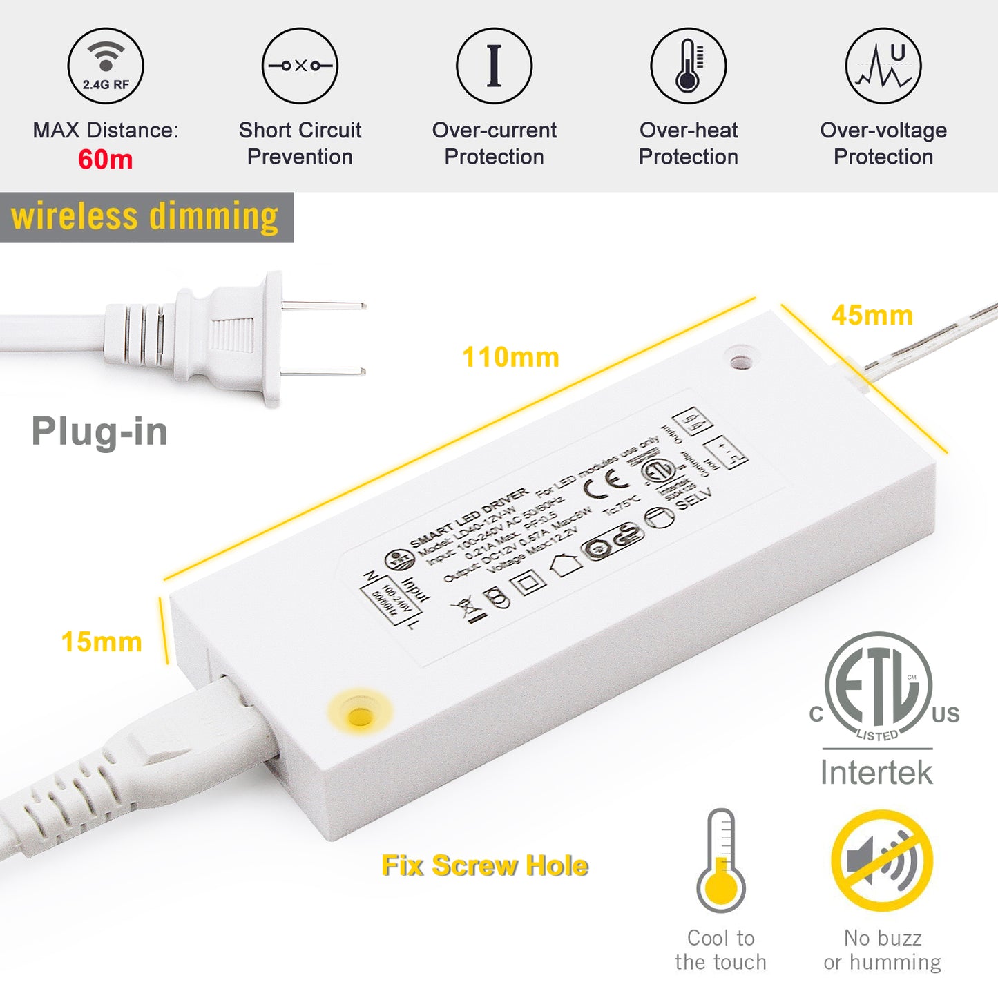 LD40-12V-W Cabinet Light 8W LED Driver Transformer LED Power Supply with ETL CE for LED Lights