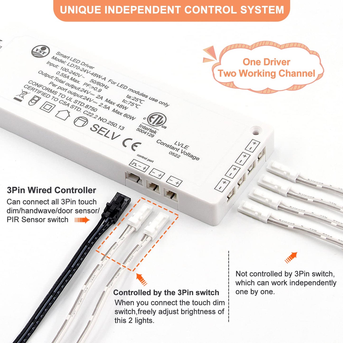 LD70 24V 48W Power Supply Converter Constant Voltage LED Power Supply JST Connector Port, LED Driver for LED Strip Lights