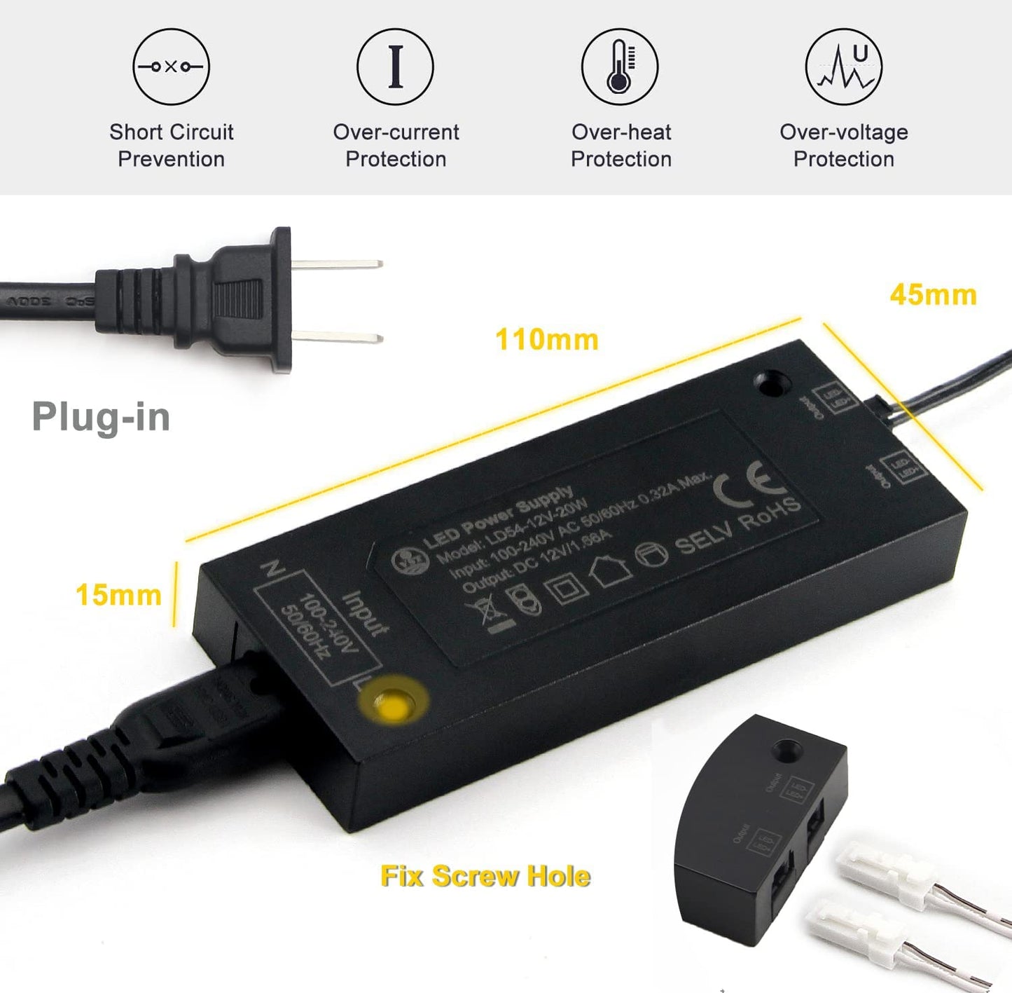 LD54 12V 20W LED Power Supply  with JST Ports for Cabinet Strips Lights