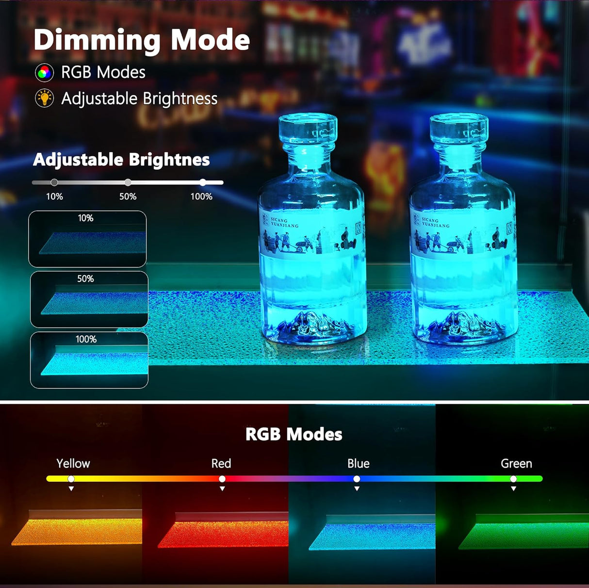 SL06 Modern Acrylic LED Wall-Mounted Bar Shelves, 3-Pack RGB Backlit Floating Liquor & Wine Display with Aluminum Profile Frame | APP/Voice Control Mood Lighting for Home Bar & Game Room