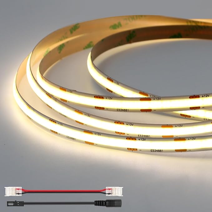 FB07 8mm Cuttable COB Strip Light 12V 9.6W/m UL Listed LED Light Strips 2700K CRI 90+ for Bedroom and Stairs