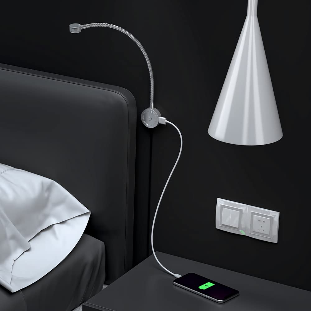 RL11 Adjustable Gooseneck Bedside Wall Mounted Reading Lights with USB Charging Port 1.5W Touch Dimmable Reading Lamp and One Led Driver for Bedroom Headboard,Silver,ETL Listed