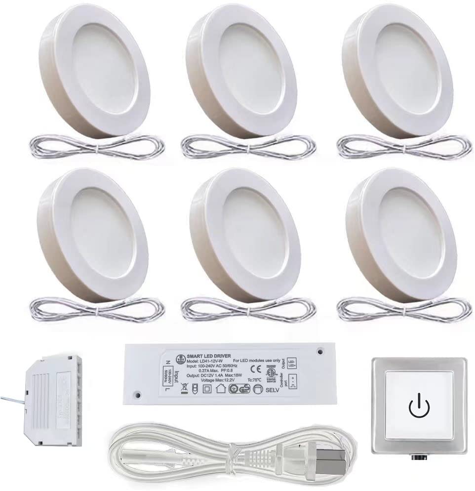 VST Under Cabinet Puck Lighting Plug in with Wired Touch Dimmer Switch, Recessed or Surface Mount Design,12V 2W(12W Total, 60W Equivalent),6 Pack White