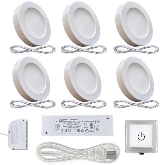 VST Under Cabinet Puck Lighting Plug in with Wired Touch Dimmer Switch, Recessed or Surface Mount Design,12V 2W(12W Total, 60W Equivalent),6 Pack White