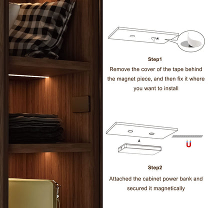 BT11 6.56ft Led Light Strip, Motion Sensor LED Tape Light with Rechargeable Power Bank 5000mAh for Closet Stair Pantry, Under Counter Cabinet Bedroom (3000K Warm White)