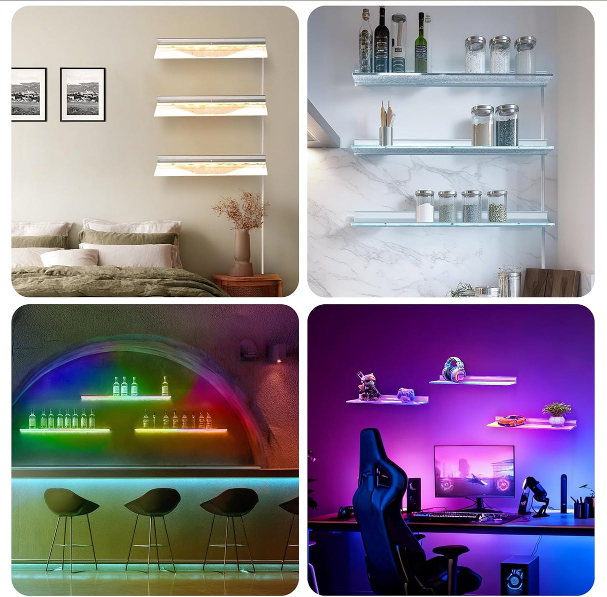 SL06 Modern Acrylic LED Wall-Mounted Bar Shelves, 3-Pack RGB Backlit Floating Liquor & Wine Display with Aluminum Profile Frame | APP/Voice Control Mood Lighting for Home Bar & Game Room