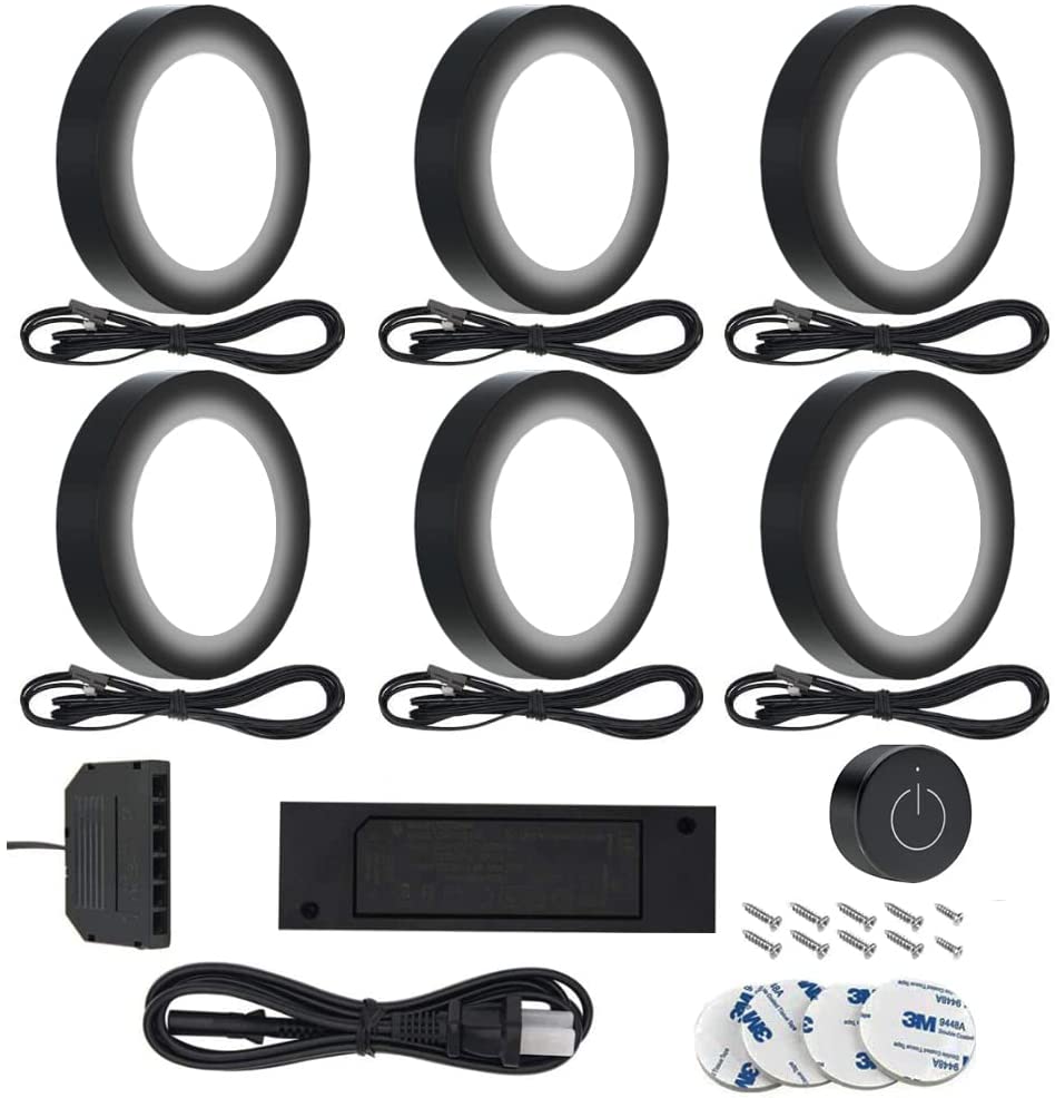 VST PL05 Under Cabinet Puck Lighting Kit with Wireless Dimmer Switch, Recessed or Surface Mount for Kitchen, Cabinet, Closet 6 Pack Black