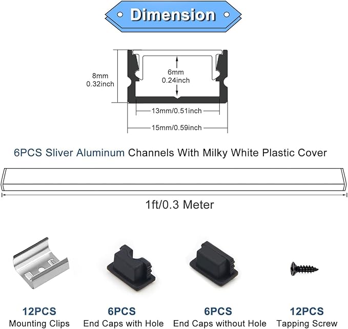 End Caps and Mounting Clips for VST 6Pack 12inch/1FT LED Channel, U Shape LED Aluminum Channel