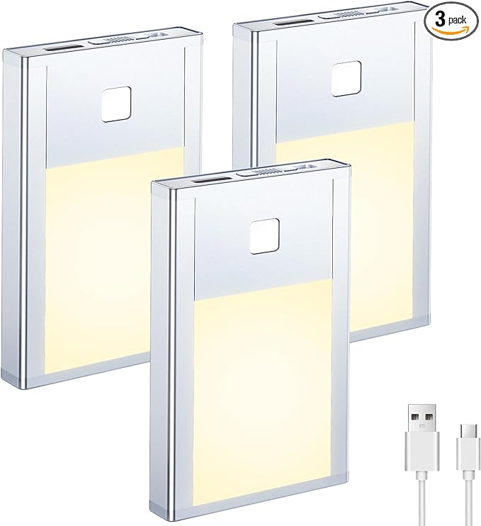 BT09 Mini Rechargeable LED Nightlight Silver Motion Sensor Mini Cabinet Light with Magnetic Suck Installation for Wardrobe, Kitchen Cabinet,Bedroom, Hallway, Stair