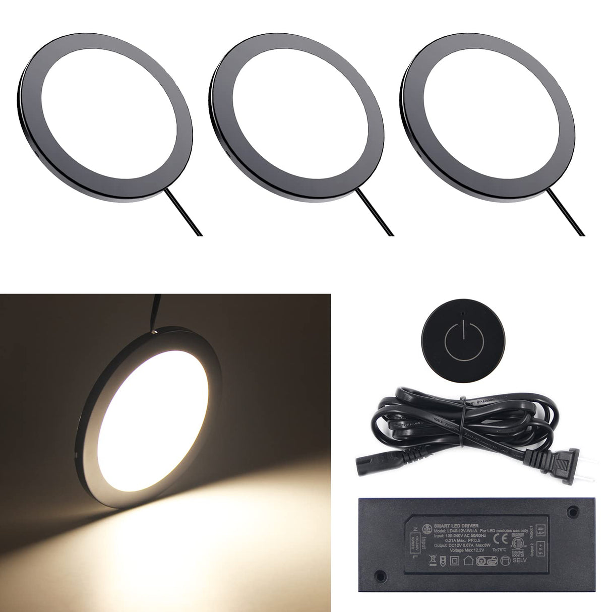 PL07 Under Cabinet Mini Panel Lighting with Wireless Dimmer Switch, 12V 2.5W (Total 15W)Surface Mount Puck Light for Kitchen Van Truck Car Galley Downlight ( Round 4000K)