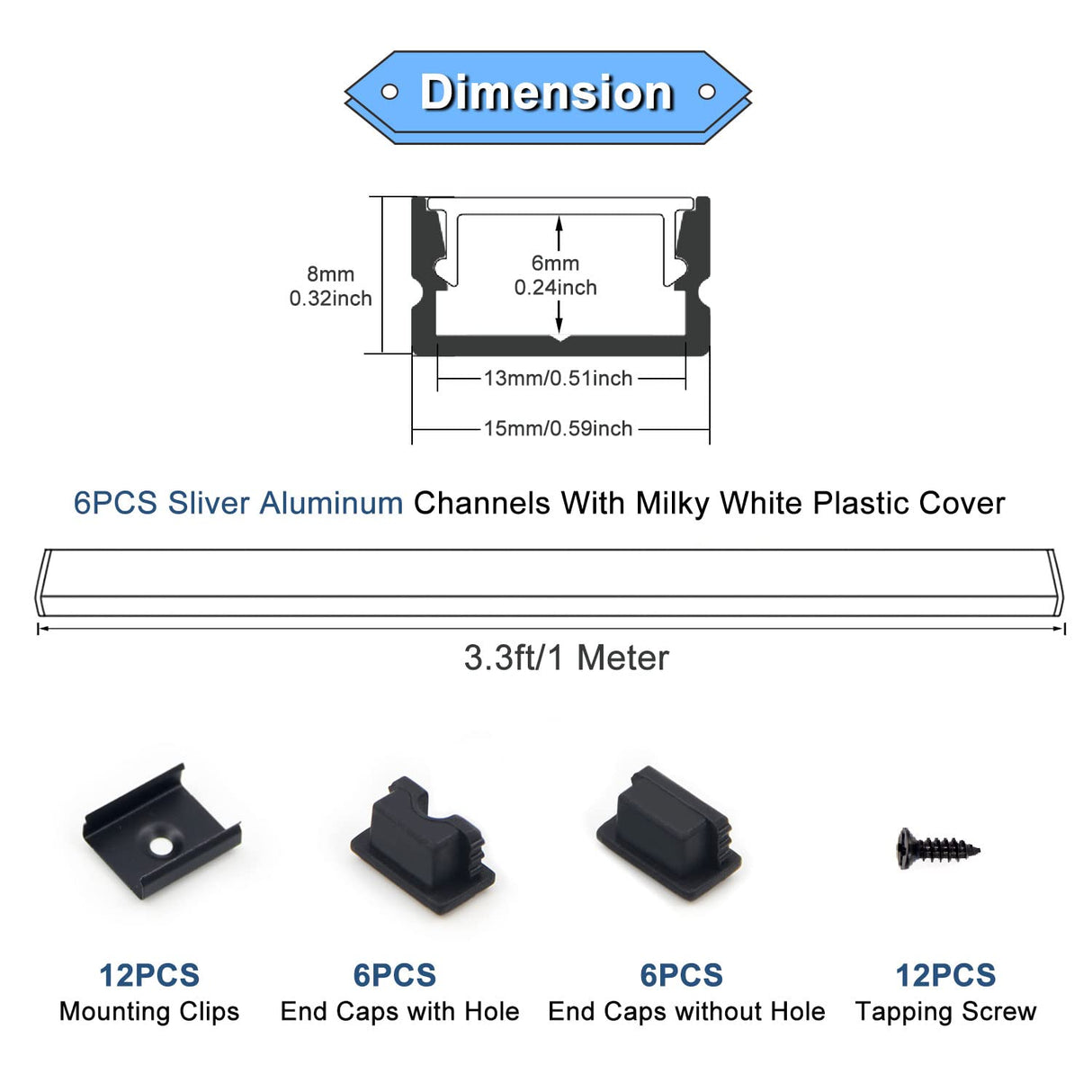 AP46 LED Aluminum Channel 3.3ft/1M U-Shape Aluminum Profile with Smoke Transparent Clear Cover for Strip Lights (6 Packs)