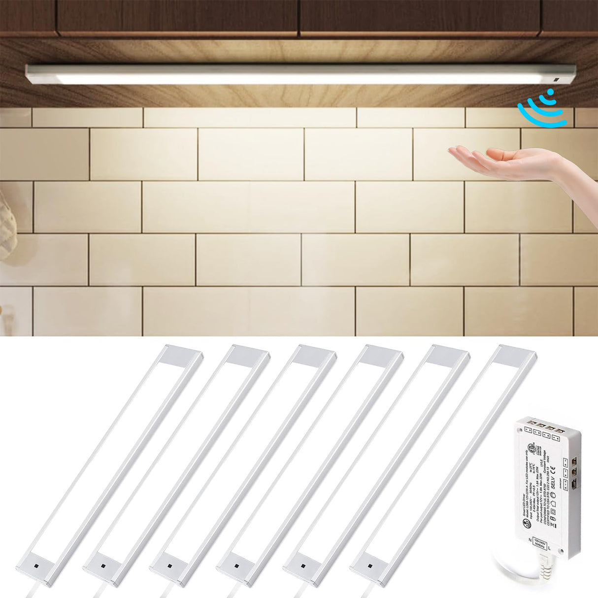 HS46 Motion Sensor Light Indoor, Under Cabinet Lights Plug in, Closet Lights, Stepless Dimming, Hand Wave Activated for Kitchen Shelf Cupboard Closet Workbench (12 in 4000K)