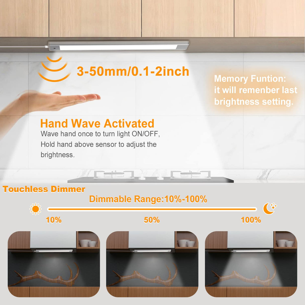 HS46 Motion Sensor Light Indoor, Under Cabinet Lights Plug in, Closet Lights, Stepless Dimming, Hand Wave Activated for Kitchen Shelf Cupboard Closet Workbench (12 in 4000K)