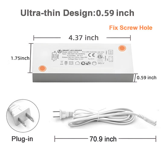 LD40-12V-W Cabinet Light White LED Driver Transformer 8W LED Power Supply with ETL CE for LED Lights