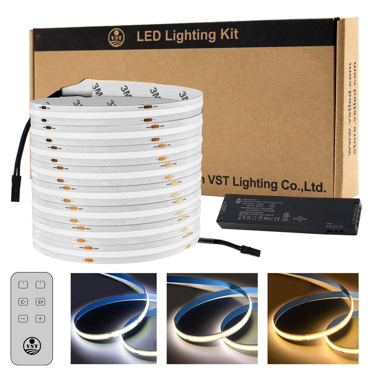 FB14 24V 16.4ft COB LED Strip Lights CCT 2700K-6000K UL-Listed, with 60W LED Driver ETL-Listed and Remote Controller