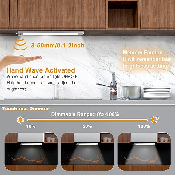 VST Led Under Cabinet and Closet Lights with Plugged-in,Handwave Activated Stepless Dimming Light