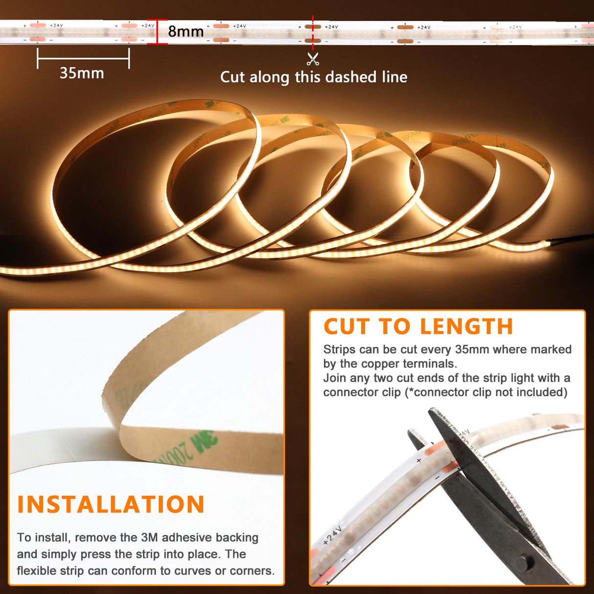 FB14 24V 16.4ft COB LED Strip Lights CCT 2700K-6000K UL-Listed, with 60W LED Driver ETL-Listed and Remote Controller