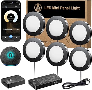 PL05 Smart Under Cabinet Lighting Work with Alexa Google Assistant App Remote Control 12V 2W/pc Puck Light for Kitchen Under Counter, Display Case, 6 Pack 3000K~6000K.