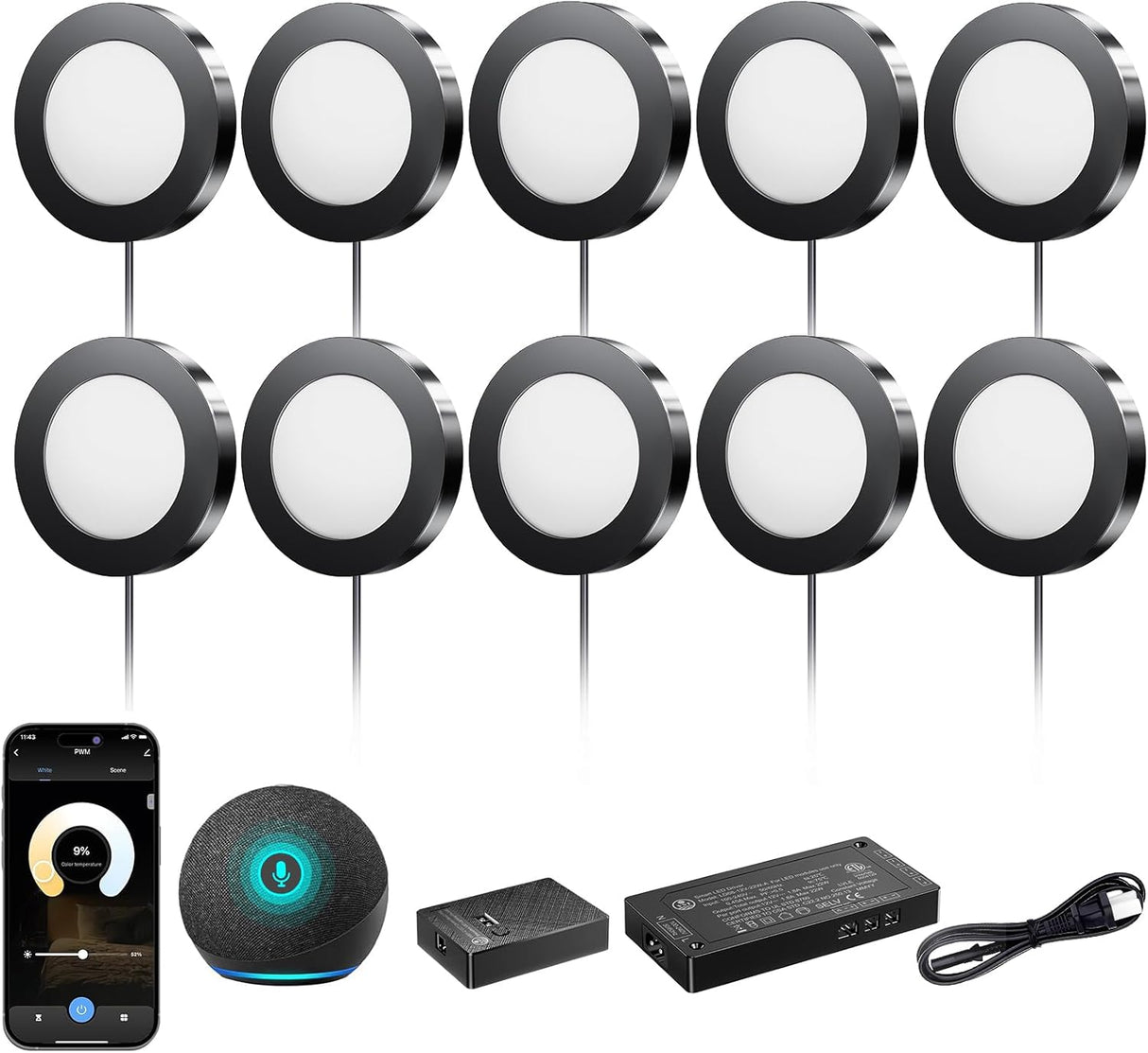 PL05 12V LED Under Cabinet Light | Smart CCT Adjustable Lighting 3000K-6000K with Handwave & APP Control for Kitchen, Closet & Display Shelves（10 Pack)