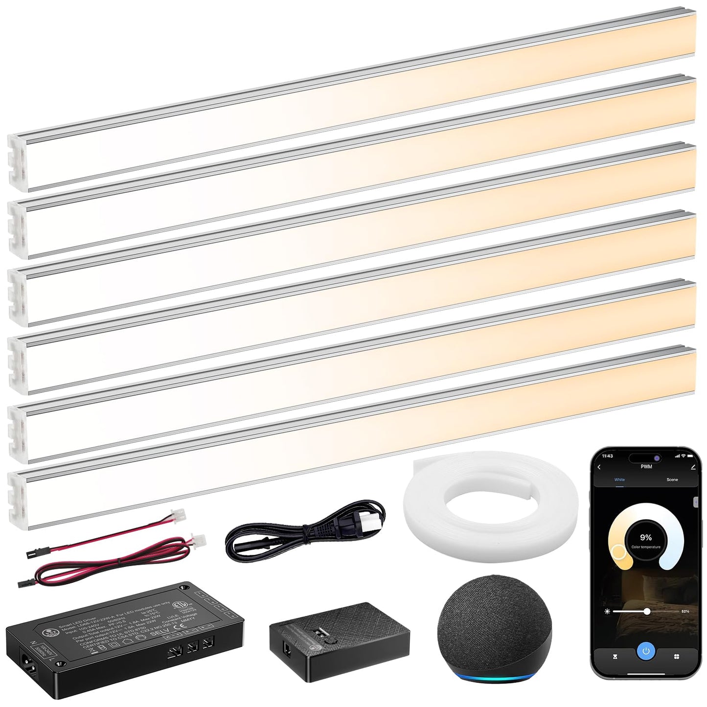 APE2 Smart Under Cabinet Lighting, UL Listed CRI 93+ CCT COB Strip Lights Alexa & Google Compatible APP Remote, Handwave and Voice Control Under Counter Lights for Kitchen Cabinet Closets (6 Bars)