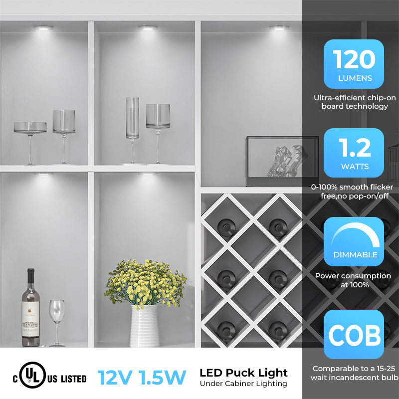 CB15 12V 1.5W Small Puck Lights Smart Under Cabinet Lighting with High CRI for Wine Cabinet, Closet