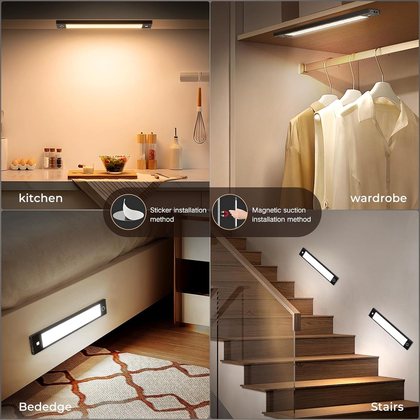 BT09 72 LEDs Motion Sensor Lights Indoor 3 Color Temps, Dimmable Under Cabinet Lighting, 1800mAh Rechargeable Step Light, Cordless Night Light for Stair, Wardrobe, Kitchen 2 Pack