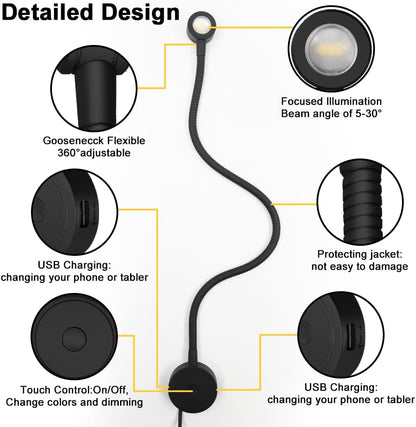 Adjustable Gooseneck Bedside Reading Lights with USB Charging Port | VST