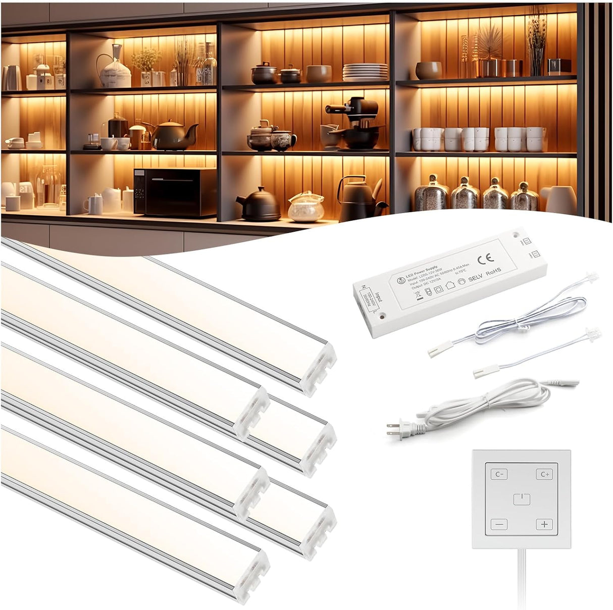 APE2 12V Under Cabinet LED Lighting, Linkable Linear Light Bar, CCT Adjustable (2700K-5000K)with Wired Touch Sensor for Kitchen, Display Cabinet, Shelf & Cupboard （White)