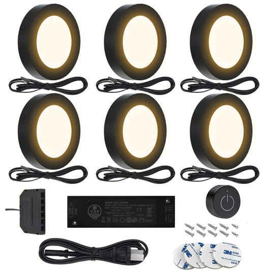 PL05 Under Cabinet Lighting 12V 2W (12W Total, 60W Equivalent) ETL Listed, Wireless Dimmer Switch, Recessed or Surface Mount Wiried Puck Light for Kitchen, Wardrobe (6 Pack Black 3000K)