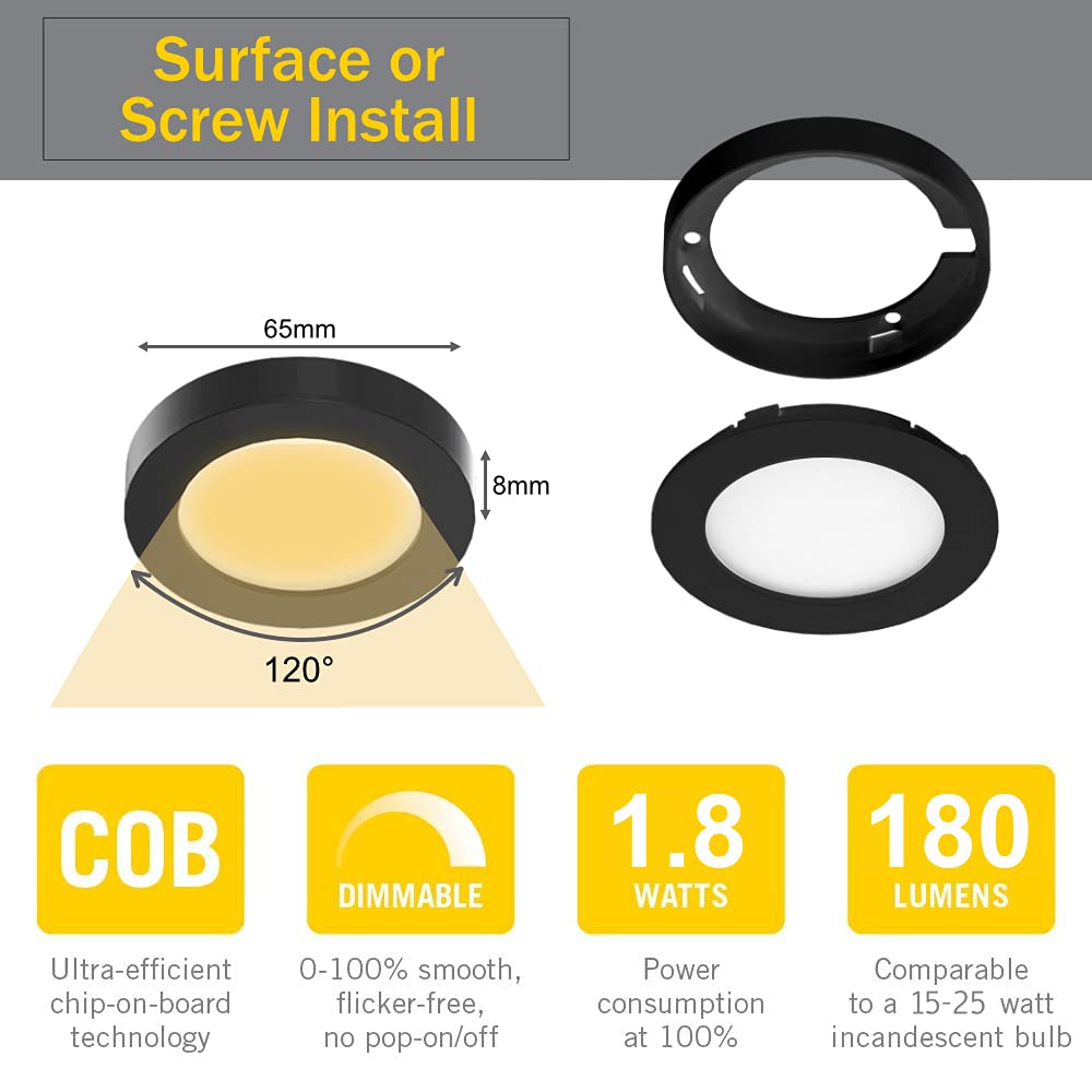 Illuminate your cabinets with our Under Cabinet Puck Light 12V 2W (12W Total, 60W Equivalent) ETL Listed, Wireless Dimmer Switch, Recessed or Surface Mount Wiring Puck Light for Kitchen, Wardrobe (3 Pack Black 4000K). It features a delicate appearance and soft, uniform light without bright spots. With multiple control options and easy installation, our ETL-certified lighting fixtures come with a 2-year warranty.