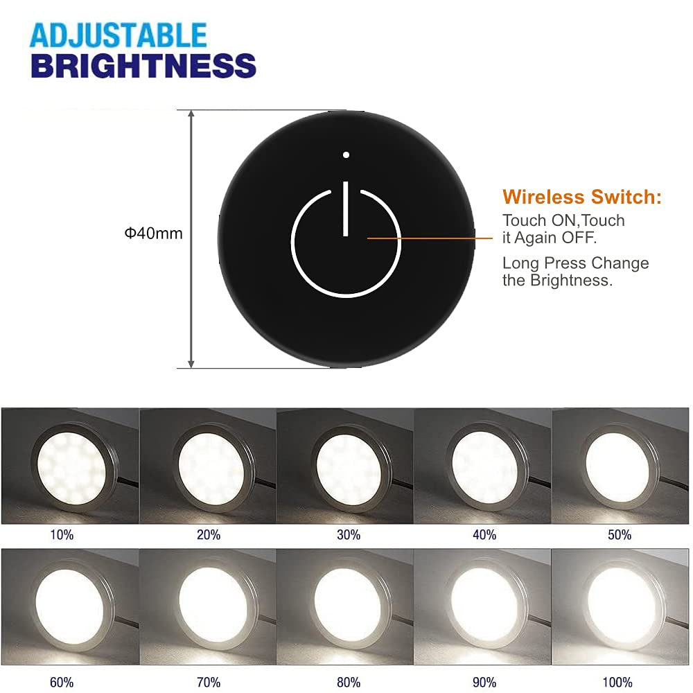 Illuminate your cabinets with our Under Cabinet Puck Light 12V 2W (12W Total, 60W Equivalent) ETL Listed, Wireless Dimmer Switch, Recessed or Surface Mount Wiring Puck Light for Kitchen, Wardrobe (3 Pack Black 4000K). It features a delicate appearance and soft, uniform light without bright spots. With multiple control options and easy installation, our ETL-certified lighting fixtures come with a 2-year warranty.