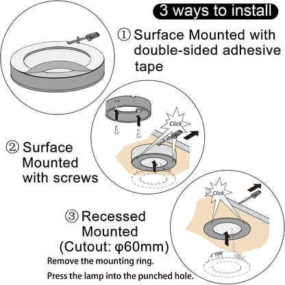 Illuminate your cabinets with our Under Cabinet Puck Light 12V 2W (12W Total, 60W Equivalent) ETL Listed, Wireless Dimmer Switch, Recessed or Surface Mount Wiring Puck Light for Kitchen, Wardrobe (3 Pack Black 4000K). It features a delicate appearance and soft, uniform light without bright spots. With multiple control options and easy installation, our ETL-certified lighting fixtures come with a 2-year warranty.