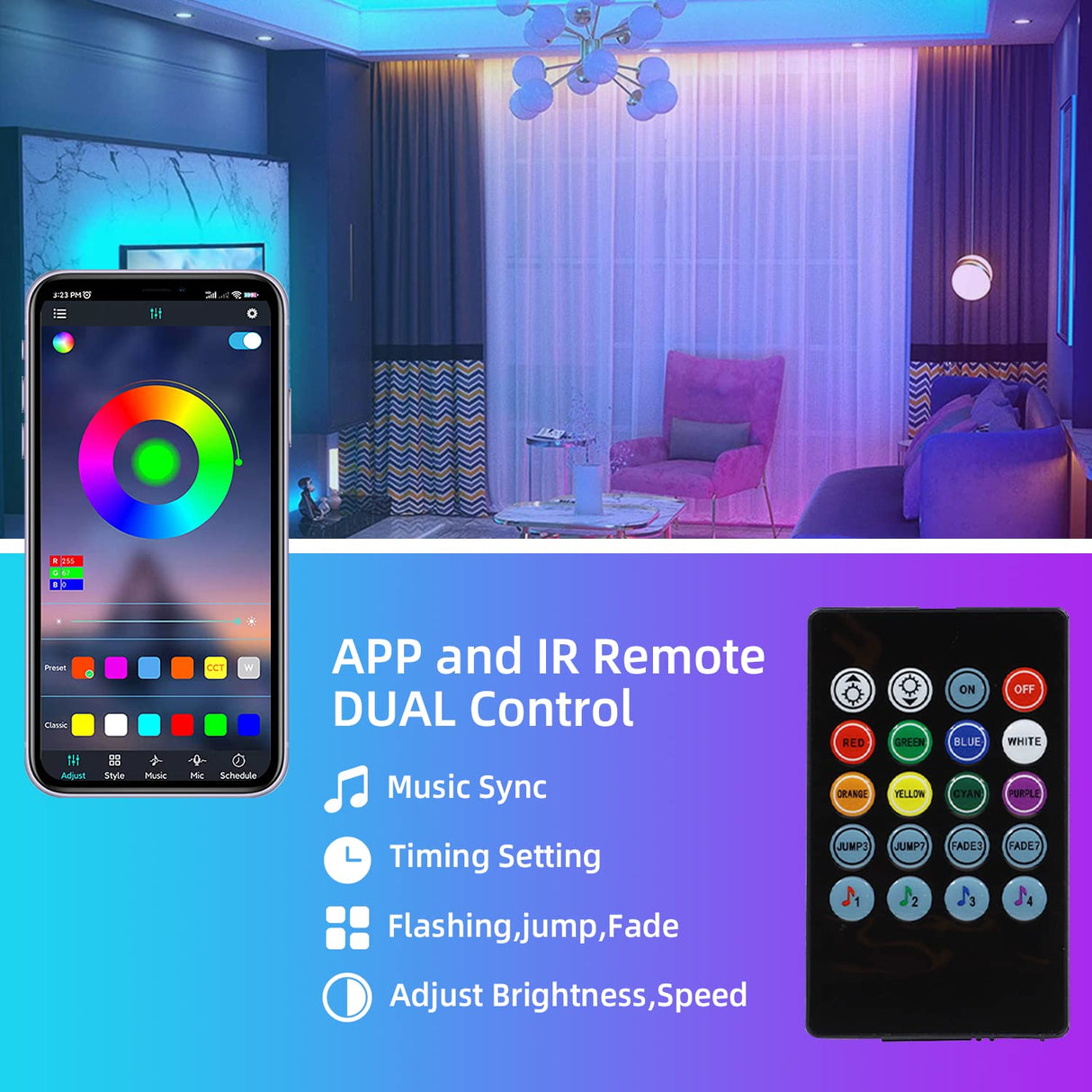 BT11+FSA6 RGB LED Strip Lights, IP65 Waterproof 9.8ft  LED Tape Light, Music Sync Color Changing Strip Lights, Smart App Control RGB Strip with Rechargeable Power Bank for Bedroom Room Home Party Decoration