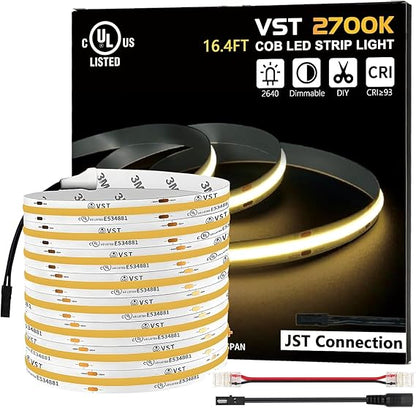 VST 16.4ft COB LED Strip Lights  24V Dimmable LED Tape Light, 48w, 2640 LEDs, Ra 93+, IP30, Lighting for Kitchen, Cabinets, UL Listed (Power Source Not Included)