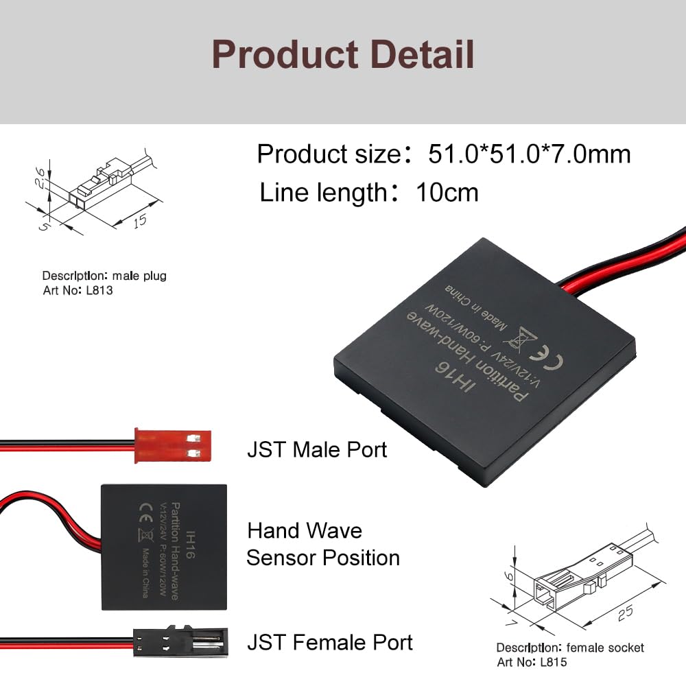 IH16 12/24V 5A Sensor Switch, Hidden Hand Wave Activated Led Light Switch for Closet Lights, Under Cabinet Lighting, with 12V JST Male and Female Connectors Cabinet Lighting, with 12V JST Male and Female Connectors