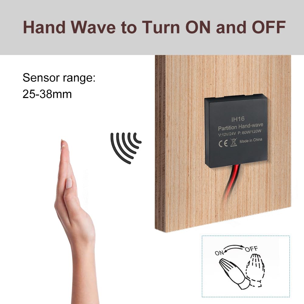 IH16 12/24V 5A Sensor Switch, Hidden Hand Wave Activated Led Light Switch for Closet Lights, Under Cabinet Lighting, with 12V JST Male and Female Connectors Cabinet Lighting, with 12V JST Male and Female Connectors