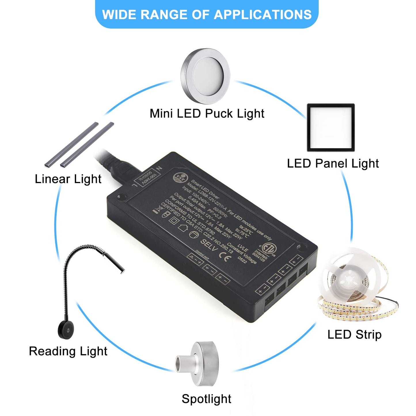 LD68 12V 22W Power Supply AC100-240V to 12V DC Converter Constant Voltage LED Power Supply JST Connector Port ETL-Certification, LED Driver for LED Strip Lights