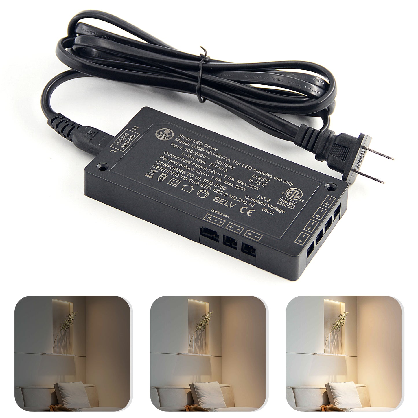 LD68-12V-22W-A Power Supply AC100-240V to 12V DC Converter Constant Voltage LED Power Supply JST Connector Port ETL-Certification, LED Driver for LED Strip Lights