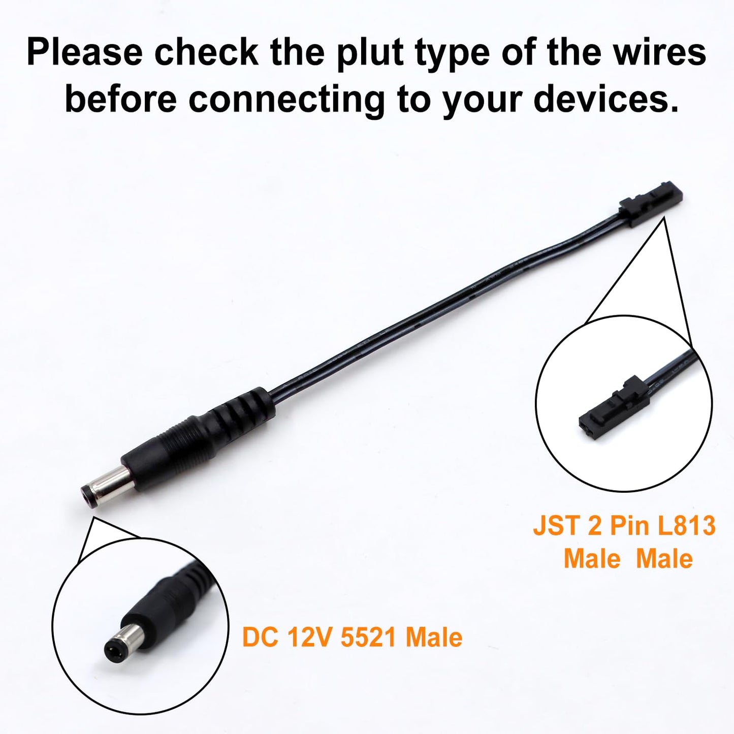 3 Pack 12V Adapter Cable Male Plug and JST 2 Pin Male Plug for Connection LED Driver and mutitype of Lights