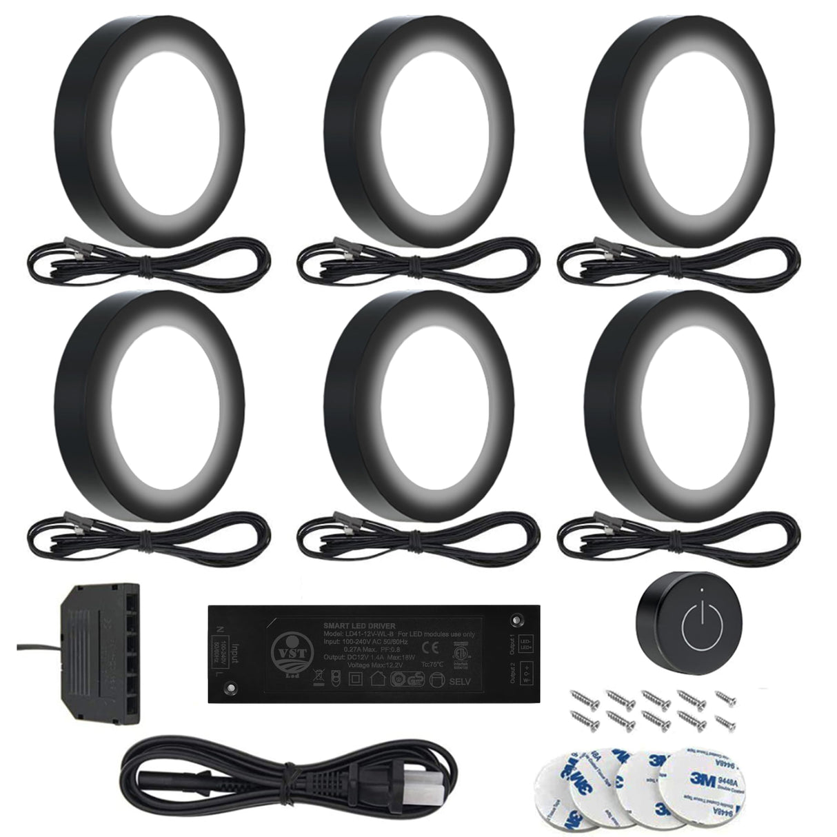 PL05 Under Cabinet Lighting 12V 2W(12W Total, 60W Equivalent) ETL Listed, Wireless Dimmer Switch, Recessed or Surface Mount Wiring Puck Light for Kitchen,Wardrobe, Showcase Display 6 Pack Black 4000K