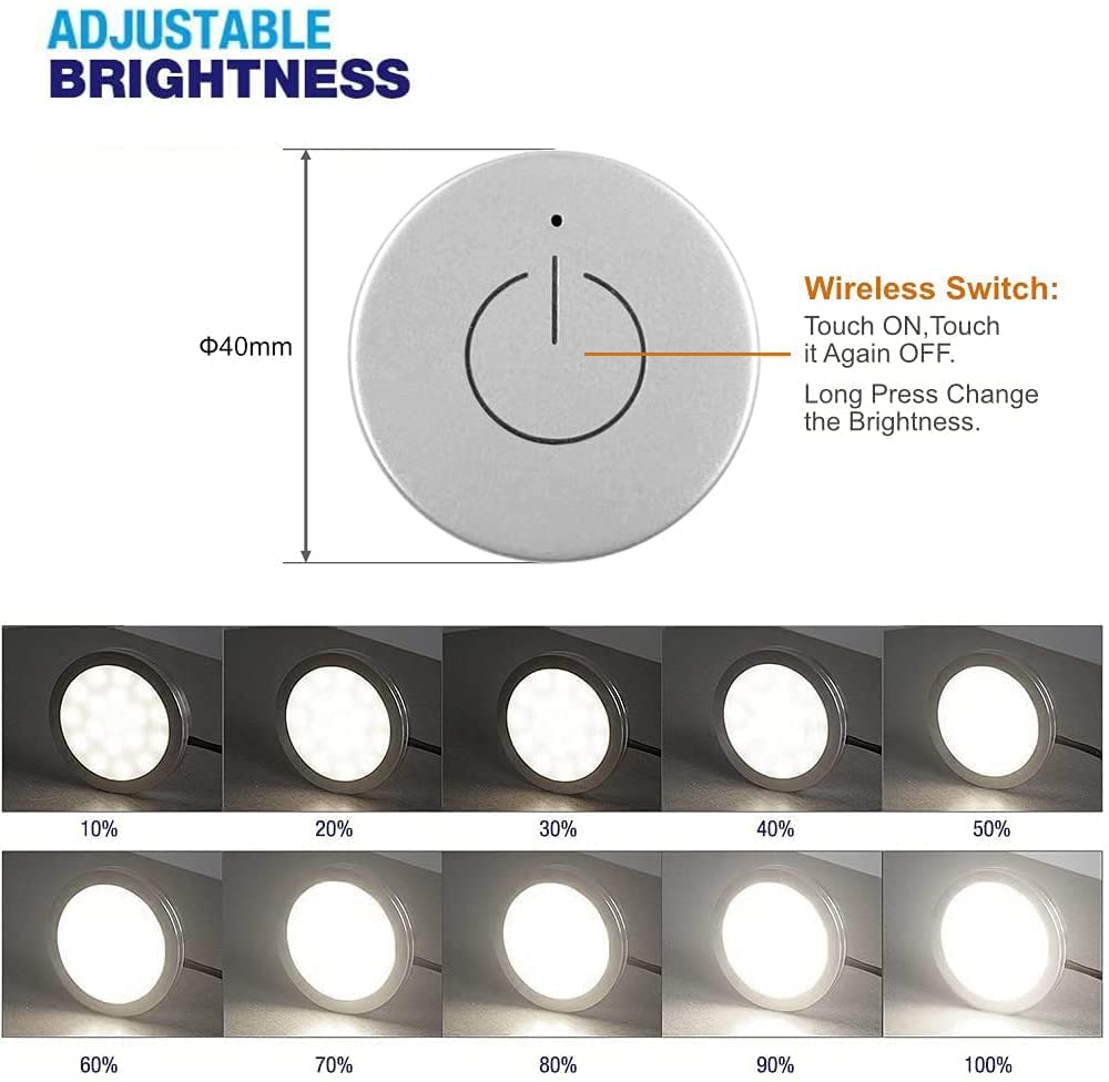 PL05 Surface Mount Puck Lights ETL Listed,with Wi-Fi Wireless Dimmer Switch, 12V 2W(12W Total, 60W Equivalent) Recessed Mounted Under Cabinet LED for Kitchen,Pantry,Decor, 6 Pack Silver Puck Lights 4000K
