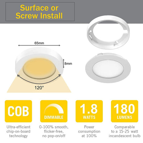 Illuminate your cabinets with our Under Cabinet Lighting 12V 2W (12W Total, 60W Equivalent) ETL Listed, with Wireless Dimmer Switch, Recessed or Surface Mount Puck Light for Kitchen,Wardrobe, Pantry, Decor, 6 Pack White 4000K. It features a delicate appearance and soft, uniform light without bright spots. With multiple control options and easy installation, our ETL-certified lighting fixtures come with a 2-year warranty.