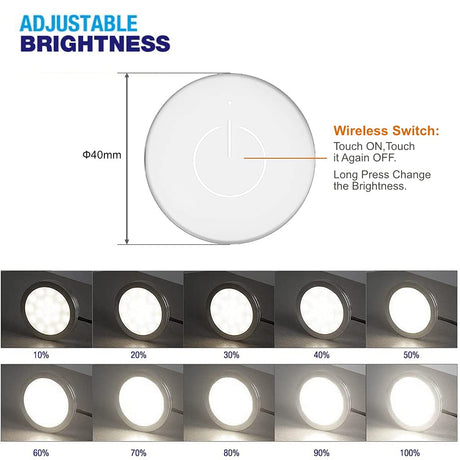 Illuminate your cabinets with our Under Cabinet Lighting 12V 2W (12W Total, 60W Equivalent) ETL Listed, with Wireless Dimmer Switch, Recessed or Surface Mount Puck Light for Kitchen,Wardrobe, Pantry, Decor, 6 Pack White 4000K. It features a delicate appearance and soft, uniform light without bright spots. With multiple control options and easy installation, our ETL-certified lighting fixtures come with a 2-year warranty.