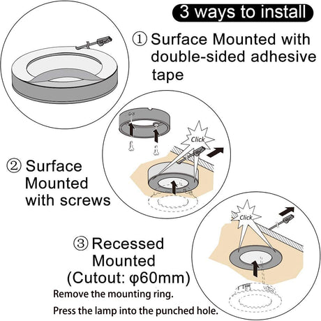 Illuminate your cabinets with our Under Cabinet Lighting 12V 2W (12W Total, 60W Equivalent) ETL Listed, with Wireless Dimmer Switch, Recessed or Surface Mount Puck Light for Kitchen,Wardrobe, Pantry, Decor, 6 Pack White 4000K. It features a delicate appearance and soft, uniform light without bright spots. With multiple control options and easy installation, our ETL-certified lighting fixtures come with a 2-year warranty.