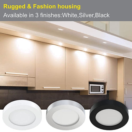 Illuminate your cabinets with our Under Cabinet Lighting 12V 2W (12W Total, 60W Equivalent) ETL Listed, with Wireless Dimmer Switch, Recessed or Surface Mount Puck Light for Kitchen,Wardrobe, Pantry, Decor, 6 Pack White 4000K. It features a delicate appearance and soft, uniform light without bright spots. With multiple control options and easy installation, our ETL-certified lighting fixtures come with a 2-year warranty.