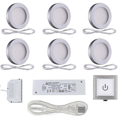 PL05 Under Cabinet Lighting Plug in with Wired Touch Dimmer Switch,6 Pack Black Puck Lights Fixtures ETL Listed